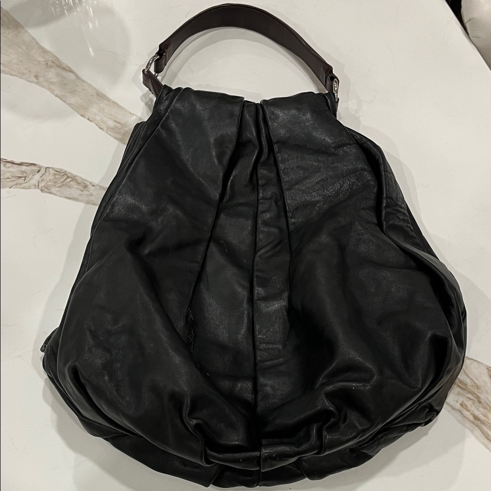 Marni Elegant Lg Black Leather Pleated Hobo Bag with side zip and snap opening
